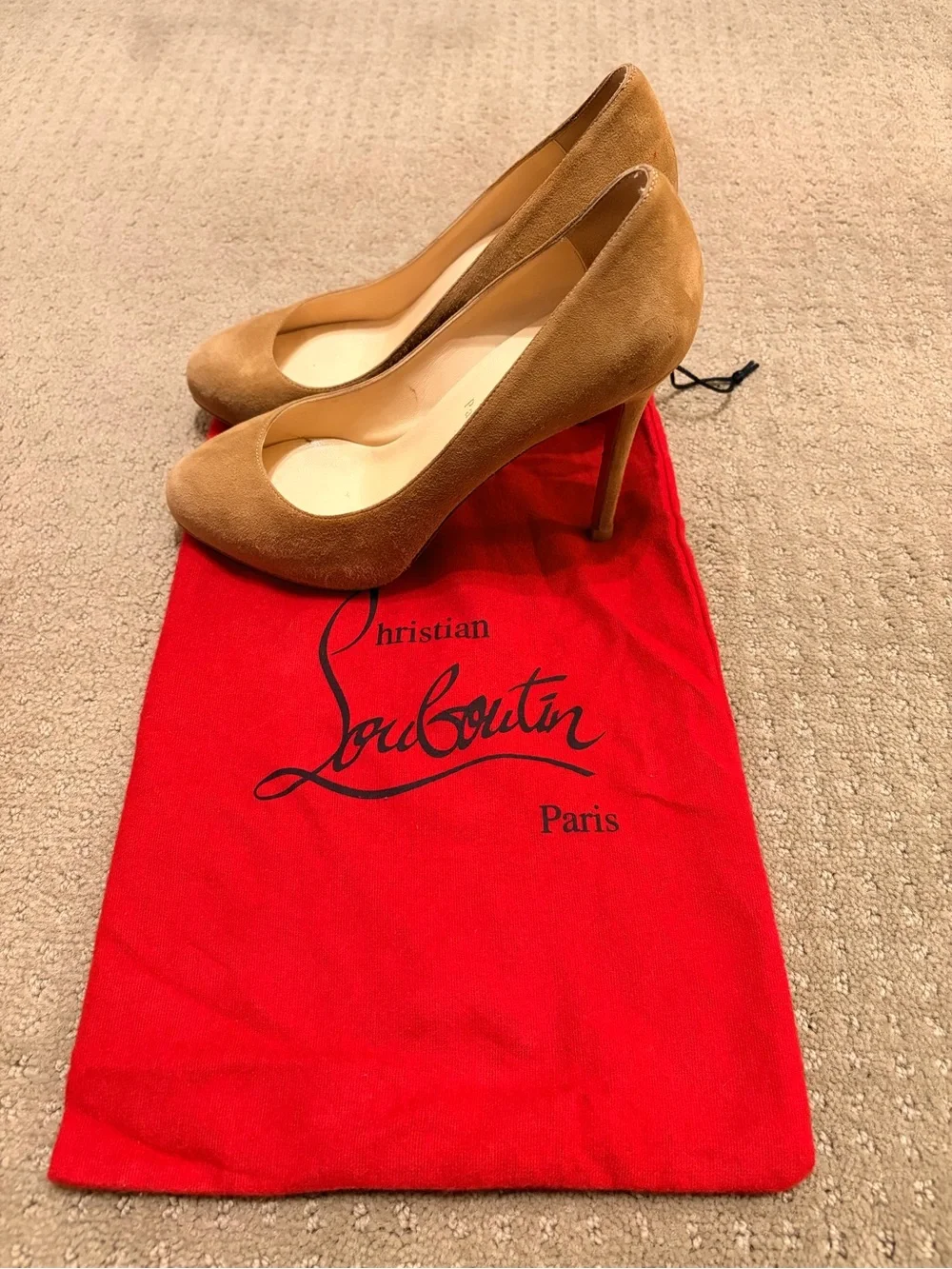 Christian Louboutin Tan Suede Round-Toe Pumps